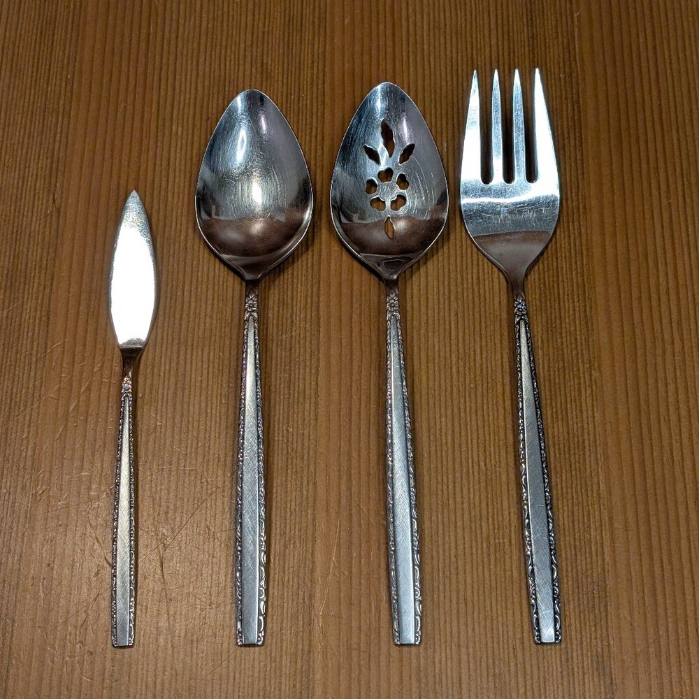 Oneida Community VIA ROMA Stainless 4pc Serving Set Spoons Fork Knife Lot - GUC